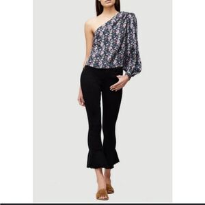 S, Frame Denim Floral Print One Shoulder Top with puff sleeve coastal blue multi